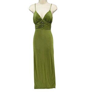 Meshki Brittany Maxi Sheath Dress Green Spaghetti Strap Ruched Deep V Neck Sz XS